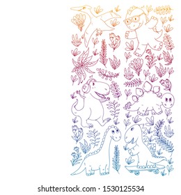 Pattern kids fabric, textile, nursery wallpaper. Vector illustration. Hand drawn dinosaurs, dino for little children.
