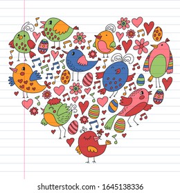 Pattern kids fabric, textile, nursery wallpaper. Vector illustration. Hand drawn singing birds and flowers for little children.
