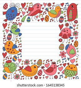 Muster Kindergewebe, Textilien, Tapete für Kindergarten. Vektorillustration. Handgezeichnete Vögel und Blumen für kleine Kinder.