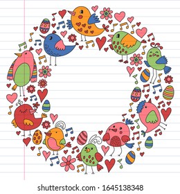 Pattern kids fabric, textile, nursery wallpaper. Vector illustration. Hand drawn singing birds and flowers for little children.