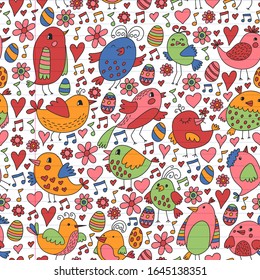 Pattern kids fabric, textile, nursery wallpaper. Vector illustration. Hand drawn singing birds and flowers for little children.