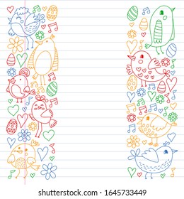 Muster Kindergewebe, Textilien, Tapete für Kindergarten. Vektorillustration. Handgezeichnete Vögel und Blumen für kleine Kinder.
