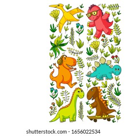 Pattern kids fabric, textile, nursery wallpaper. Vector illustration. Hand drawn dinosaurs, dino for little children.