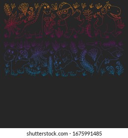 Pattern kids fabric, textile, nursery wallpaper. Vector illustration. Hand drawn dinosaurs, dino for little children.