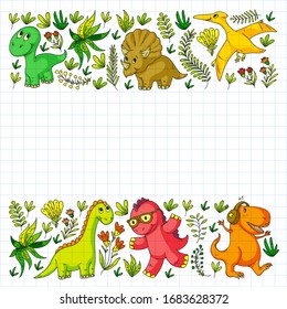 Tejidos, tejidos, papel pintado de vivero. Ilustración vectorial. Dinosaurios dibujados a mano, dino para niños pequeños.