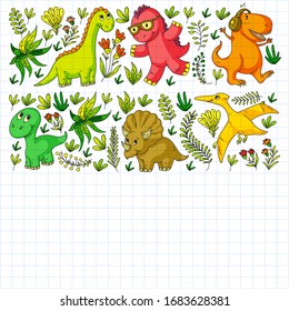Pattern kids fabric, textile, nursery wallpaper. Vector illustration. Hand drawn dinosaurs, dino for little children.