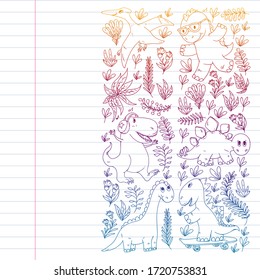 Pattern kids fabric, textile, nursery wallpaper. Vector illustration. Hand drawn dinosaurs, dino for little children.