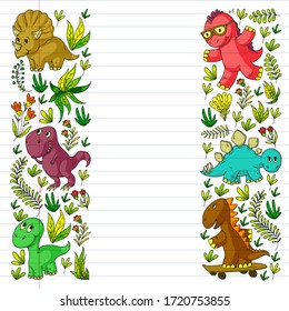 Pattern kids fabric, textile, nursery wallpaper. Vector illustration. Hand drawn dinosaurs, dino for little children.