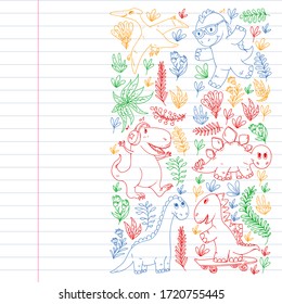 Pattern kids fabric, textile, nursery wallpaper. Vector illustration. Hand drawn dinosaurs, dino for little children.