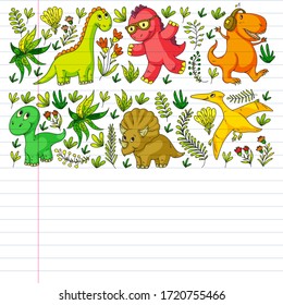 Pattern kids fabric, textile, nursery wallpaper. Vector illustration. Hand drawn dinosaurs, dino for little children.