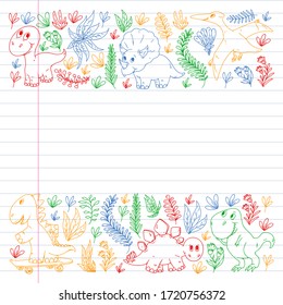 Pattern kids fabric, textile, nursery wallpaper. Vector illustration. Hand drawn dinosaurs, dino for little children.