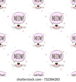 Pattern for kids with the face of cats, mustache nose, meow