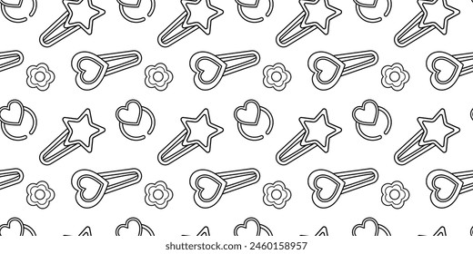 Pattern of kids hairpins and  rings on white background. Outline pattern with kids bijouterie in black and white seamless pattern