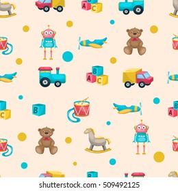 Pattern With Kids Toys Objects And Elements Such As Teddybear Robot Horse Plane Drum And Blocks Vector Illustration