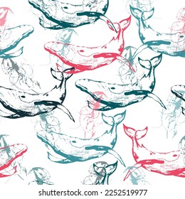  Pattern for kids with whales. Hand draw art illustration. 