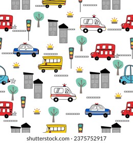 Pattern for kids.Pattern cartoon of ambulance car ,school bus ,bus ,police car on the road pattern. Car in city and traffic light