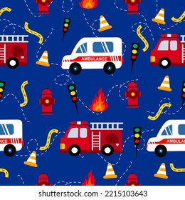 Pattern for kids.Pattern cartoon of ambulance .firefighter pattern.Fire truck and equipment pattern