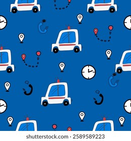 Pattern for kids.Pattern cartoon of ambulance ,phone. Design for fabric ,Paper.