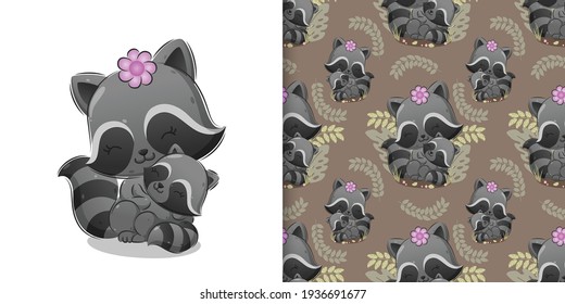 The pattern of kind raccoon is sitting on grass while carrying a baby of illustration