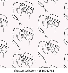 Pattern with Kissing couple drawn by one line continuous. Silhouette Portrait lovers in minimal style. Logo for Valentine's Day. 