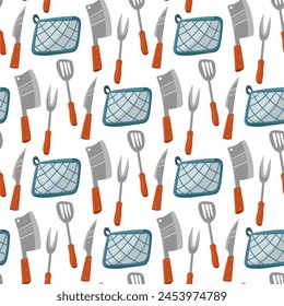 Pattern of kitchen knives with a wooden handle and a pot holder, showing various types of knives, spatula, fork for meat, pot holder for hot. Seamless replay. Useful for cooking blogs, recipe books