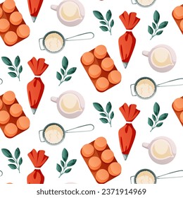 Pattern kitchen pastry bag, egg, milk for homemade cooking, pastry. Baking tools, utensils, supplies, bakery stuff. Bakery shop, cooking, sweet products, dessert. Vector for poster, banner, menu