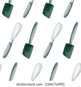 Pattern with kitchen silicone spatula, whisk for homemade cooking. Baking tools, utensils, supplies, stuff. Bakery shop, sweet products, dessert. Vector for poster, banner, menu, cover