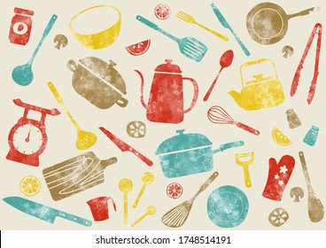 Pattern of kitchen tools painted in watercolor