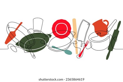 Pattern with kitchen utensils. Cooking preparation. Culinary poster. Vector illustration.
