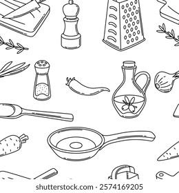 Pattern with kitchen utensils. Cooking tools for home and recipe items.