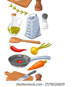 Pattern with kitchen utensils. Cooking tools for home and recipe items.