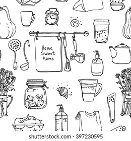 Pattern kitchen utensils, dishes, jars, pumpkin. Vector sketch black line. Cookbook, cookie jar, cake, tea