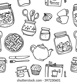 Pattern kitchen utensils, dishes, jars, pumpkin. Vector sketch black line. Cookbook, cookie jar, cake, tea