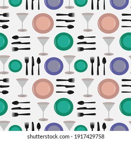 Pattern with kitchen utensils - plates, cutlery, wine glass. Vector illustration for use in restaurant, cafe menu, scrapbooking and fabric wrapping paper.