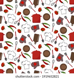 Pattern with kitchen utensils, tomatoes and peppers. Vector illustration isolated on white background. Kitchen tools for cooking. Modern trendy  for design and use in various decor - wrapping paper