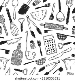Pattern with kitchen utensils. Vector hand-drawn seamlss texture with cooking tools