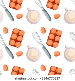 Pattern kitchen whisk, egg, milk for homemade cooking, pastry. Baking tools, utensils, supplies, bakery stuff. Bakery shop, cooking, sweet products, dessert. Vector for poster, banner, menu, cover