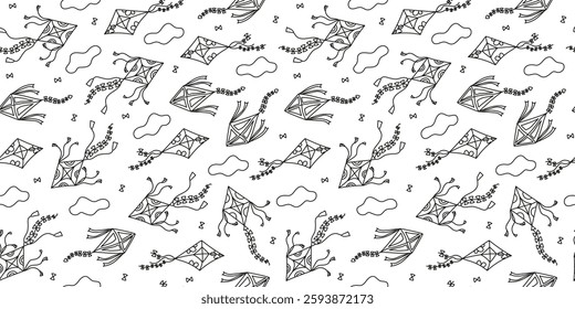 Pattern kites flying in the sky, in the clouds. Hand drawn icon, doodle. Kite. Line drawing, sketch. Seamless background.