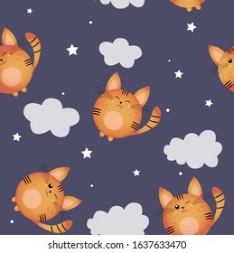 Pattern with a kitten and cloud on a dark night background.  Vector children's illustration. Sleepy dreams. Print.