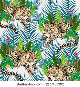 pattern with kitten leopard and birds parrot. Tropical leaves background. Kids print, summer. Vector