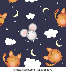 Pattern with a kitten, mouse and cloud on a dark night background.  Vector children's illustration. Sleepy dreams. Print.