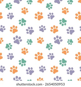 Pattern, kitten and puppy footprints, illustration. Funny print, fabric pattern. Cat and dog pawing everything around.