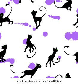 pattern with kitten silhouette on blots background