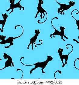 pattern with kitten silhouette on blue background