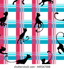 pattern with kitten silhouette on checkered background