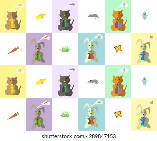 Pattern. Kitty and Bunny and gifts