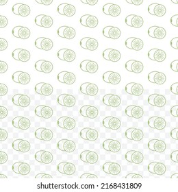 Pattern of Kiwi in green color on transparent background(PNG) with mini doodles(icons). Vector Illustration