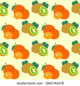 Kiwi de patrón y mandarina, fruta entera y media