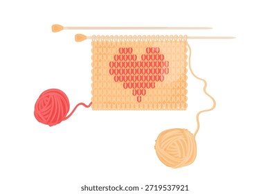 Patrón con corazón de punto. Textura de color rojo en las agujas y bolas de hilo. Diseño creativo para el embalaje, marca de productos de punto, productos de hobbies. Hecho con amor. 