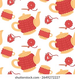 Pattern knitted heating pad, lid for ceramic teapot, mug, crocheted napkin, heart-shaped twisted threads. Cozy atmosphere, hand-made. Seamless flat color texture. Packaging, themes of care and comfort